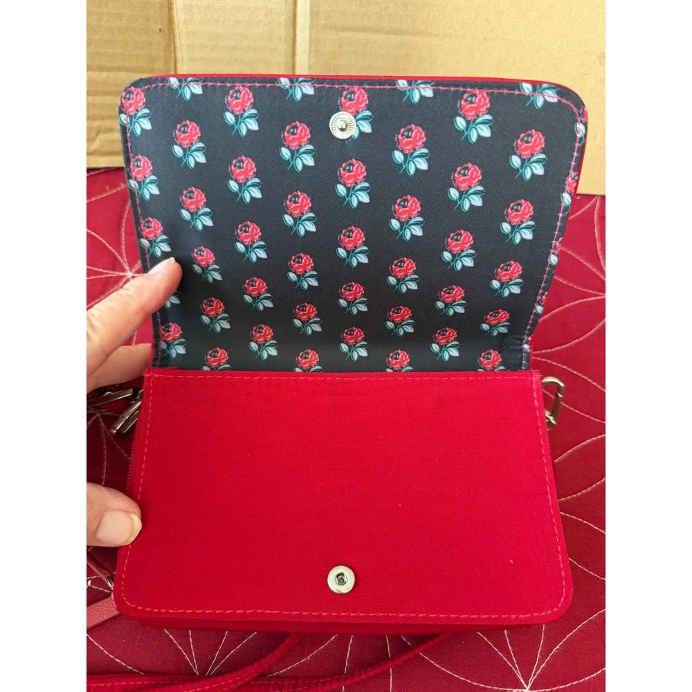 Vera Bradley Red Quilted Microfiber RFID All In One Crossbody Wallet Bag Rose